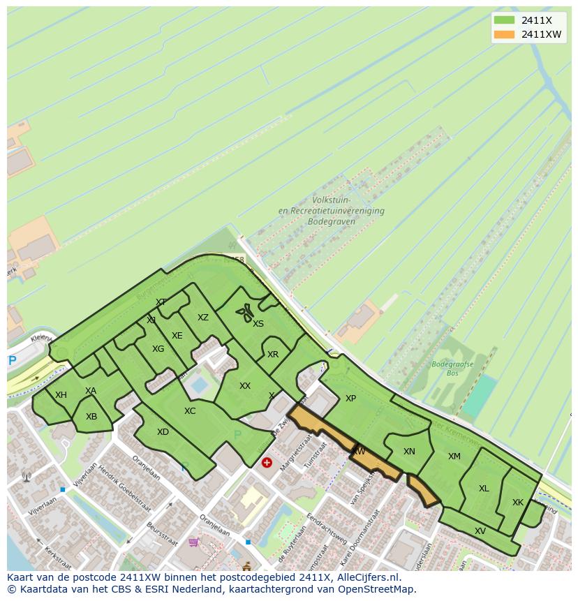 Afbeelding van het postcodegebied 2411 XW op de kaart.