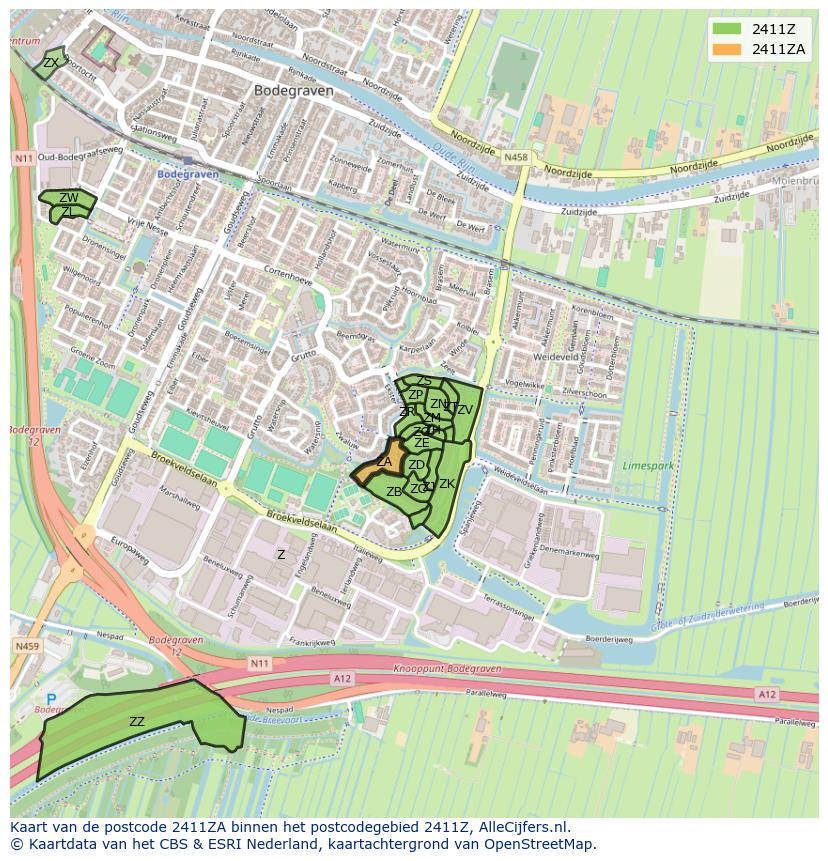 Afbeelding van het postcodegebied 2411 ZA op de kaart.