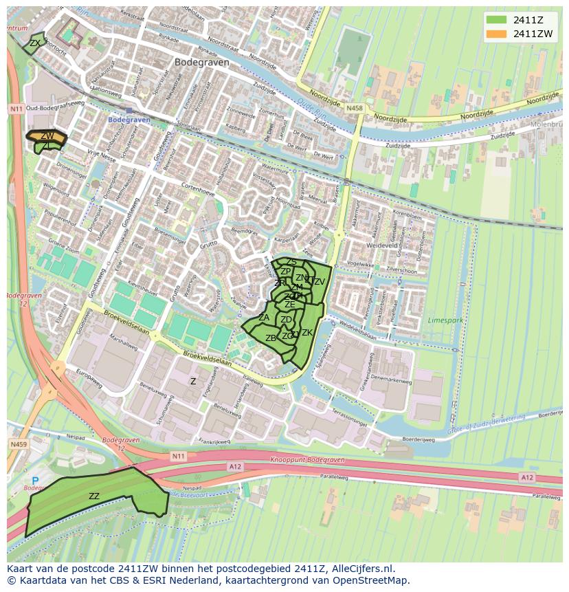 Afbeelding van het postcodegebied 2411 ZW op de kaart.