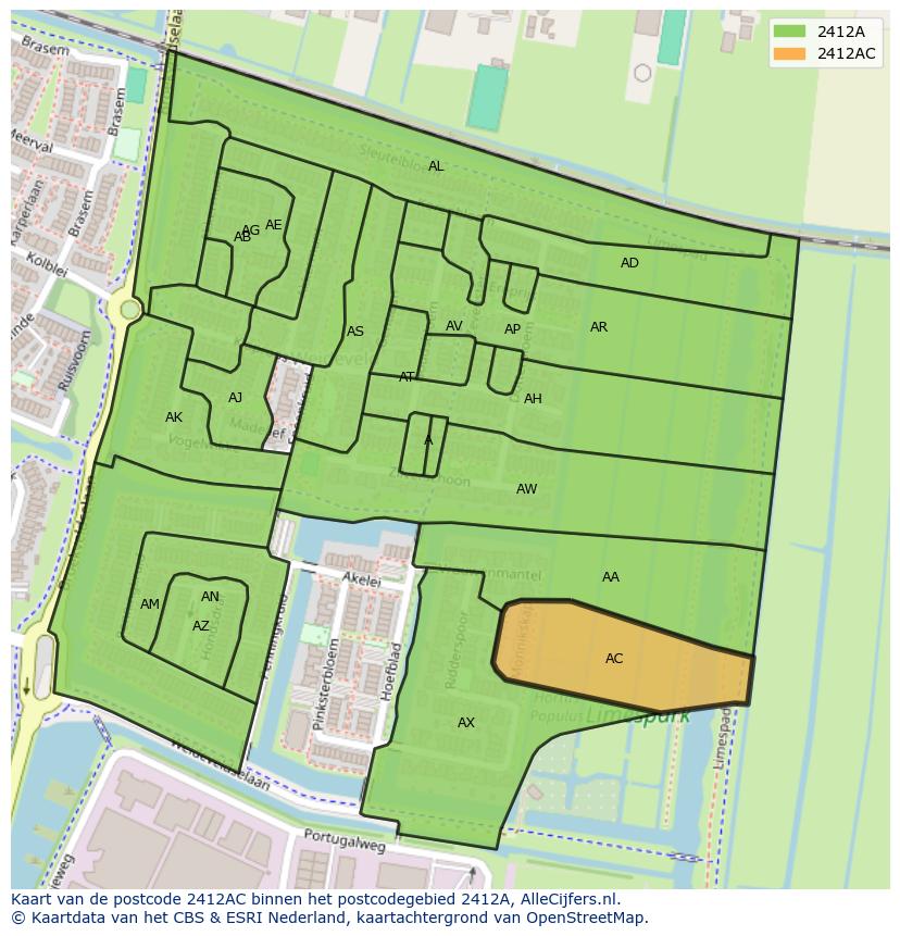 Afbeelding van het postcodegebied 2412 AC op de kaart.
