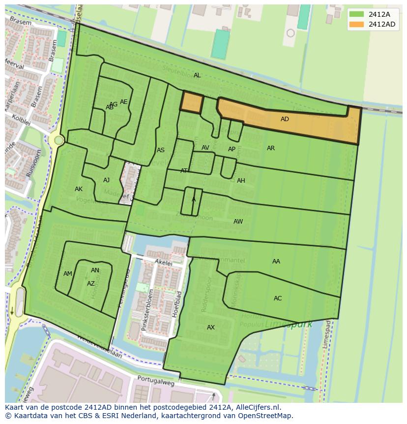 Afbeelding van het postcodegebied 2412 AD op de kaart.