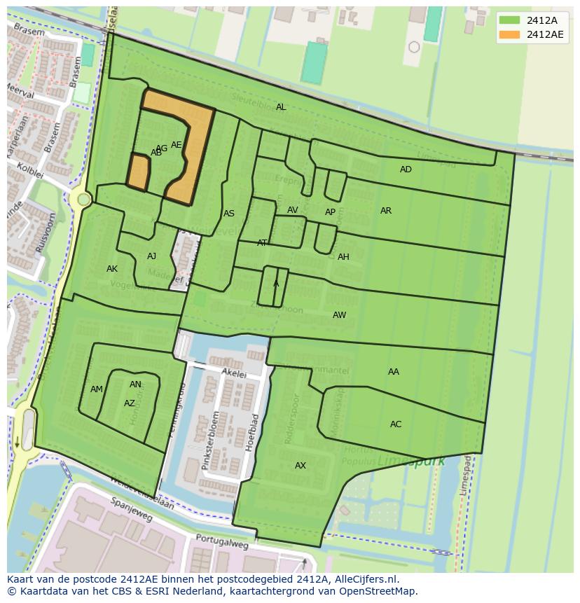 Afbeelding van het postcodegebied 2412 AE op de kaart.