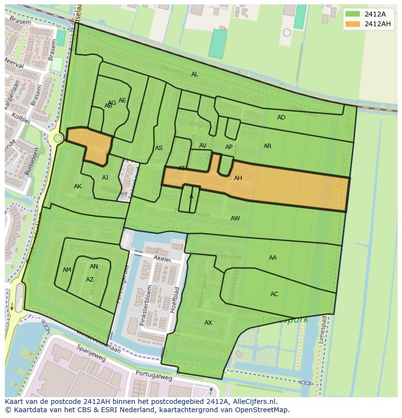 Afbeelding van het postcodegebied 2412 AH op de kaart.