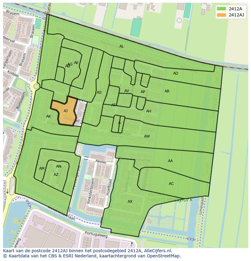 Afbeelding van het postcodegebied 2412 AJ op de kaart.