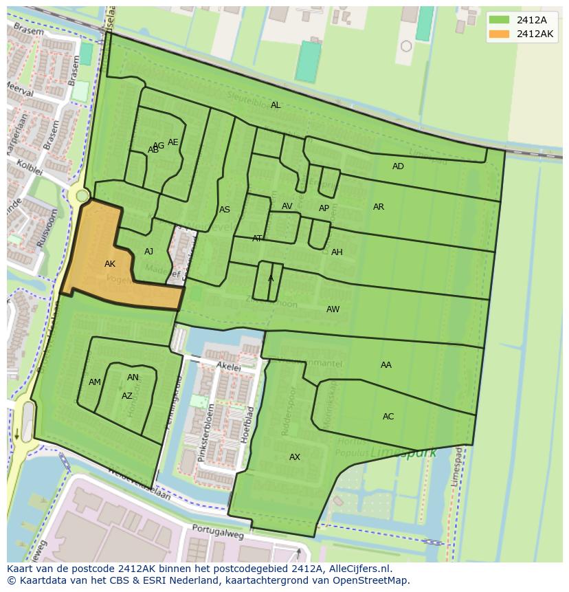 Afbeelding van het postcodegebied 2412 AK op de kaart.