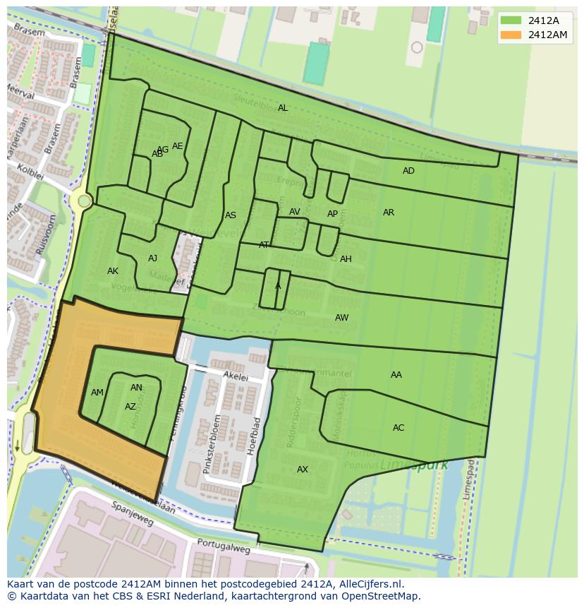 Afbeelding van het postcodegebied 2412 AM op de kaart.