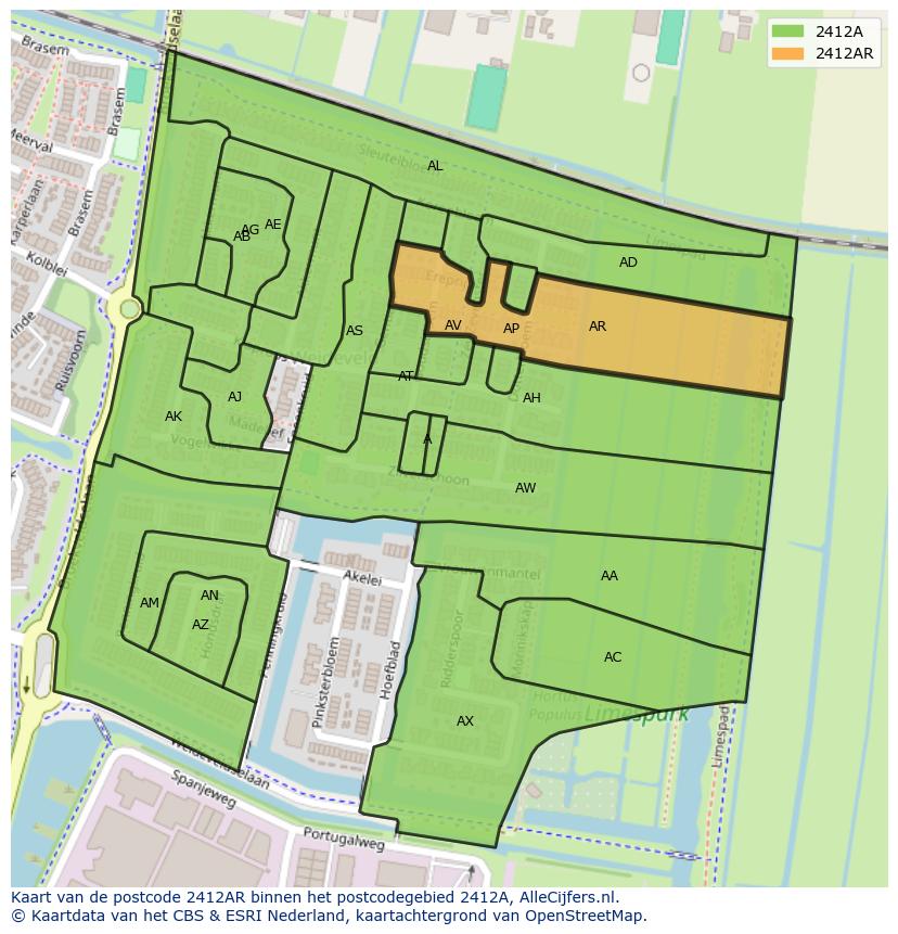 Afbeelding van het postcodegebied 2412 AR op de kaart.