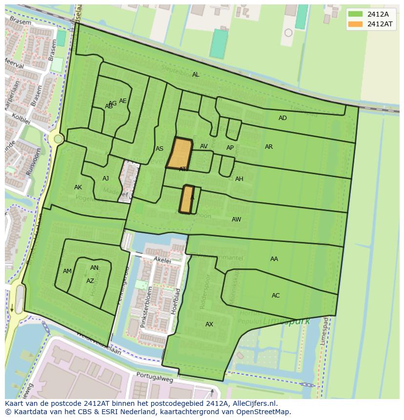 Afbeelding van het postcodegebied 2412 AT op de kaart.