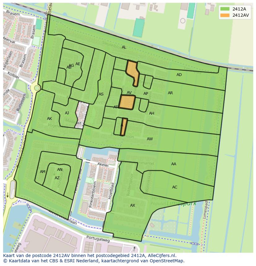 Afbeelding van het postcodegebied 2412 AV op de kaart.