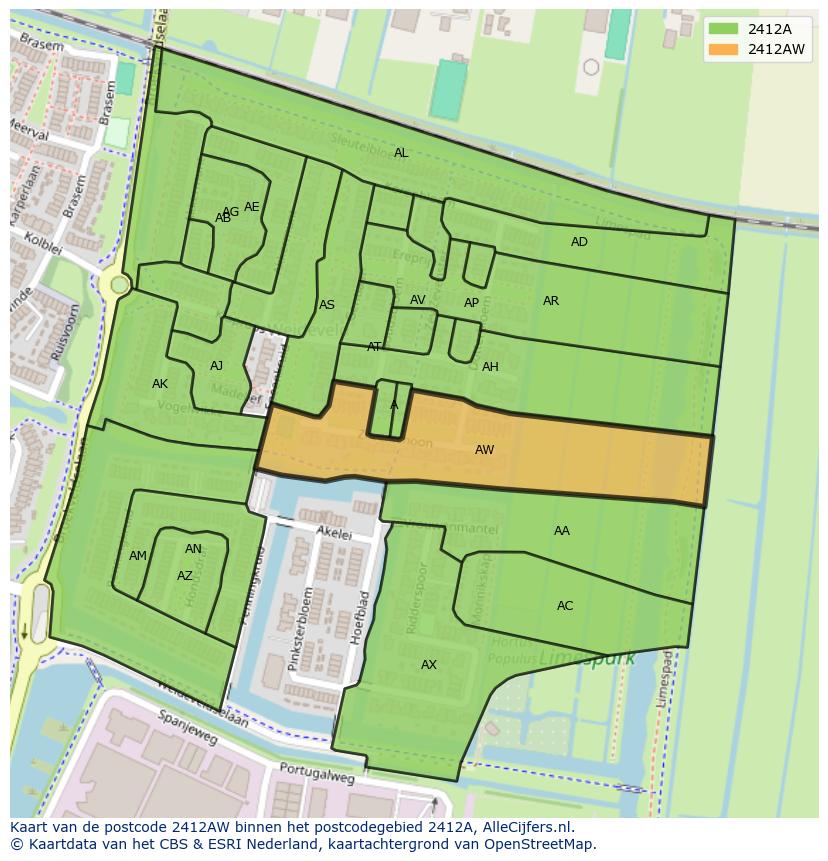 Afbeelding van het postcodegebied 2412 AW op de kaart.