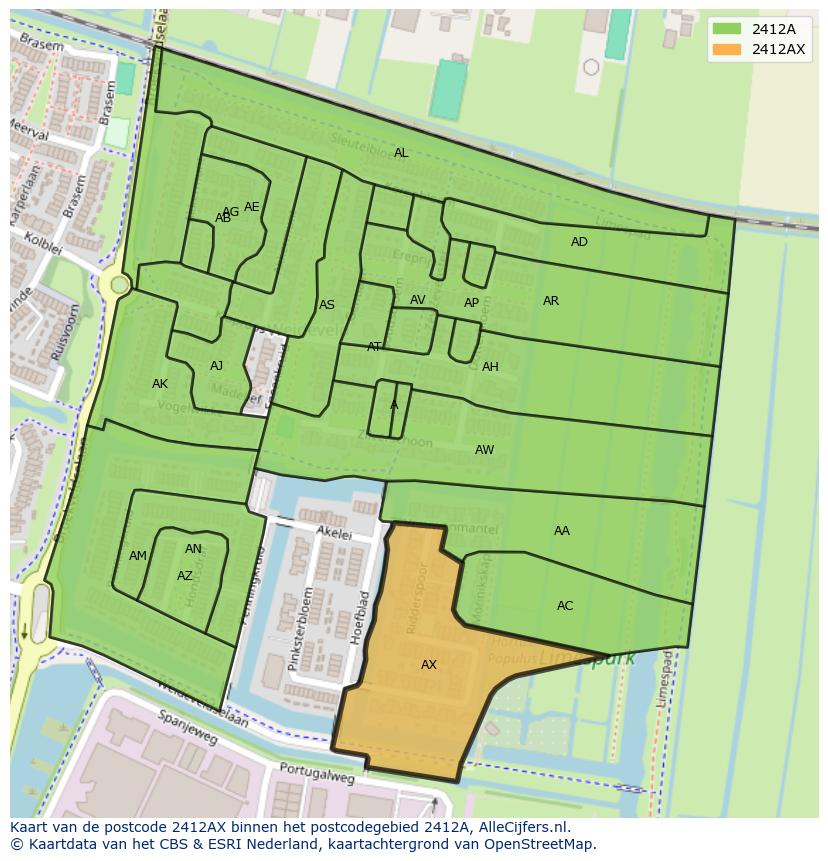 Afbeelding van het postcodegebied 2412 AX op de kaart.