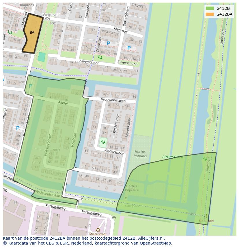 Afbeelding van het postcodegebied 2412 BA op de kaart.