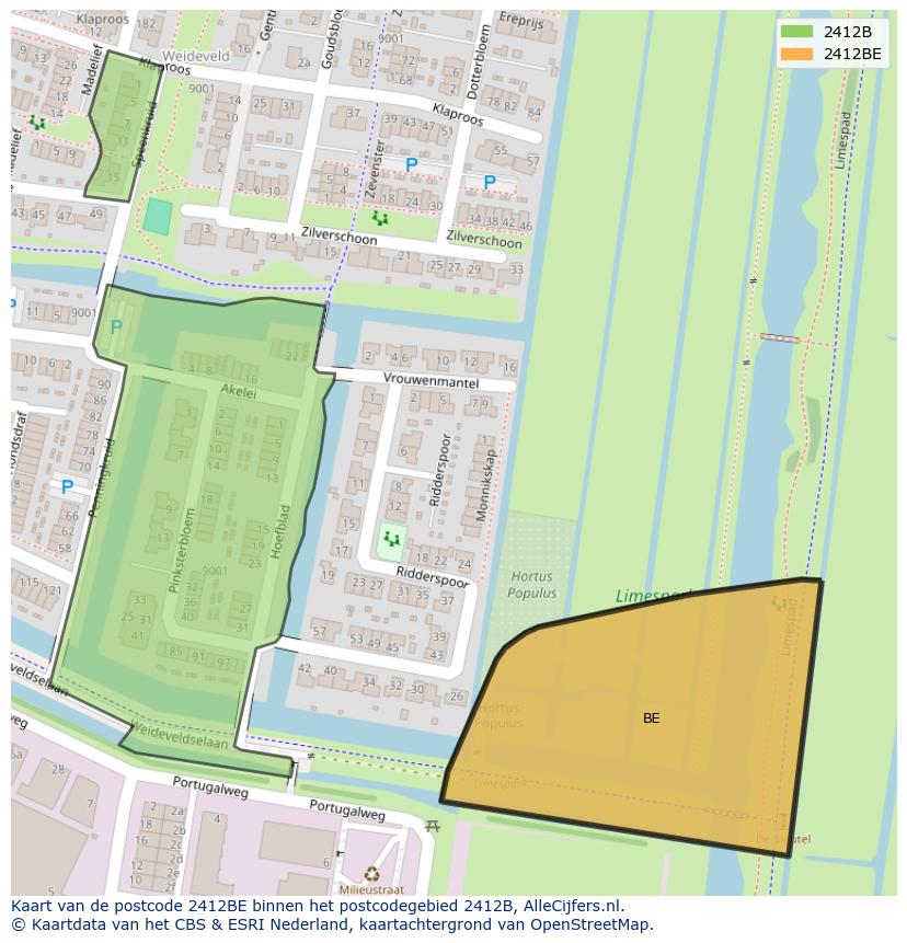 Afbeelding van het postcodegebied 2412 BE op de kaart.