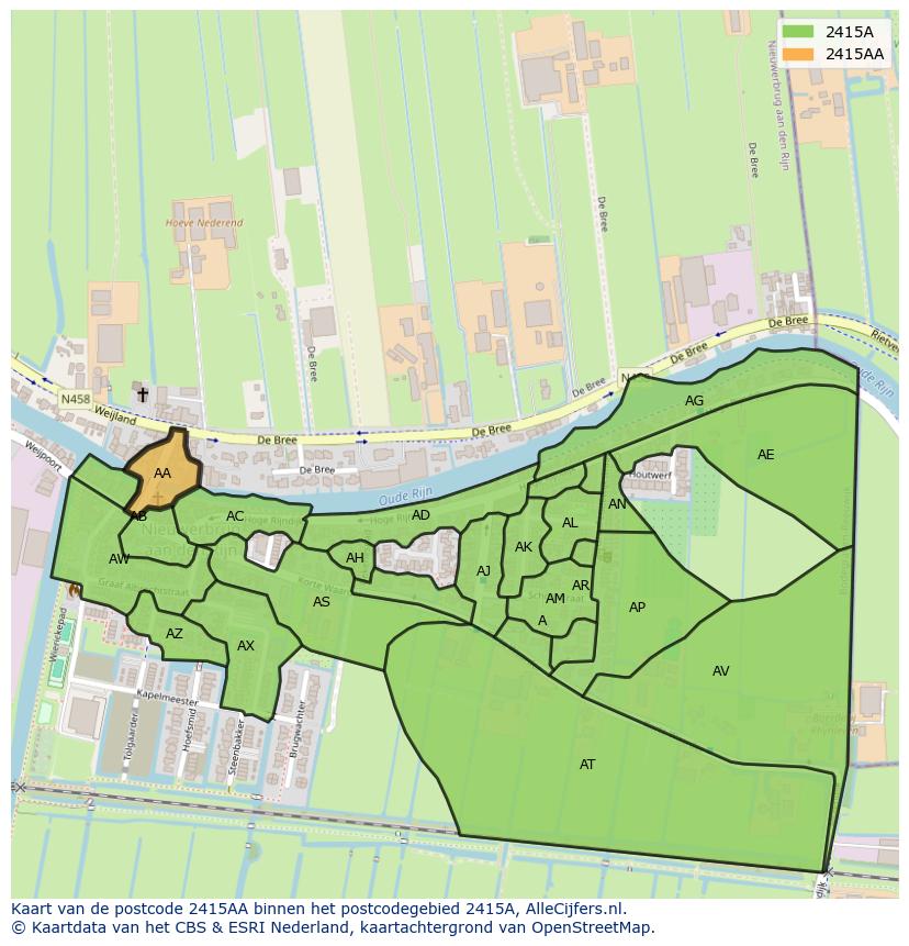 Afbeelding van het postcodegebied 2415 AA op de kaart.