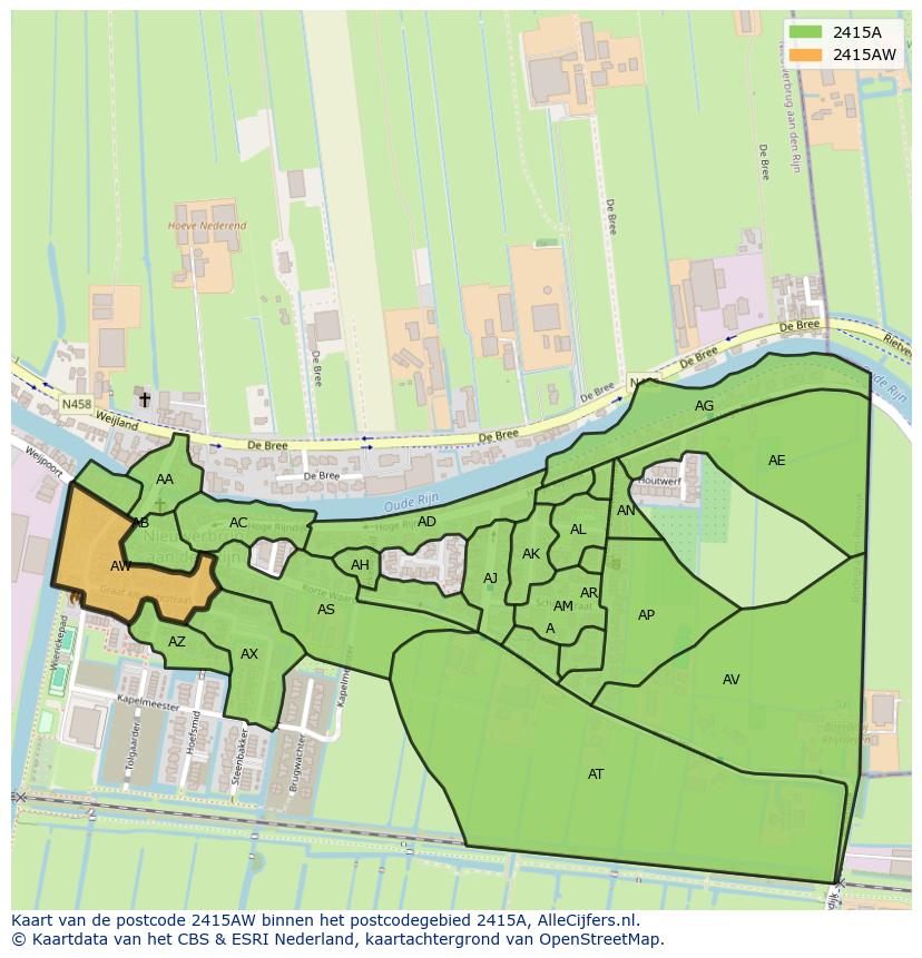 Afbeelding van het postcodegebied 2415 AW op de kaart.