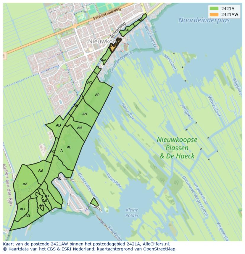 Afbeelding van het postcodegebied 2421 AW op de kaart.