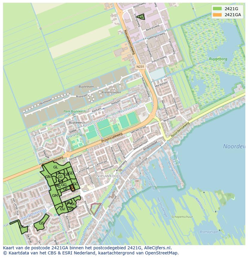 Afbeelding van het postcodegebied 2421 GA op de kaart.