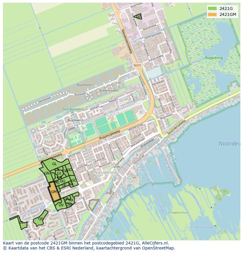 Afbeelding van het postcodegebied 2421 GM op de kaart.