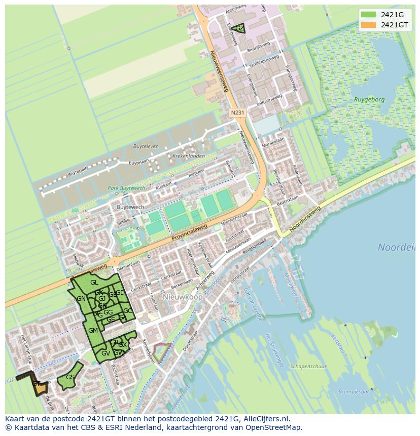 Afbeelding van het postcodegebied 2421 GT op de kaart.