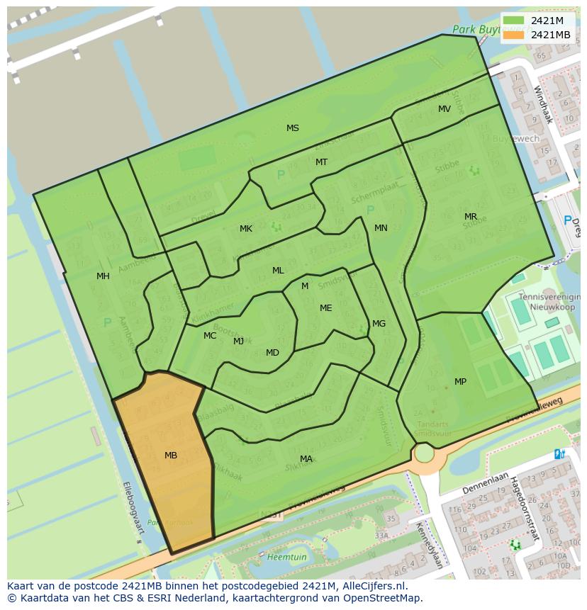 Afbeelding van het postcodegebied 2421 MB op de kaart.