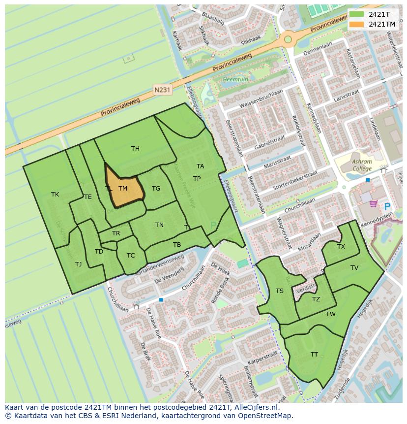 Afbeelding van het postcodegebied 2421 TM op de kaart.
