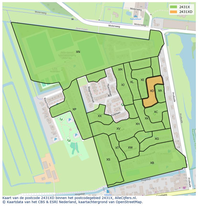 Afbeelding van het postcodegebied 2431 XD op de kaart.