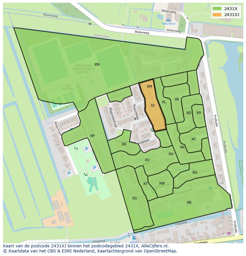 Afbeelding van het postcodegebied 2431 XJ op de kaart.
