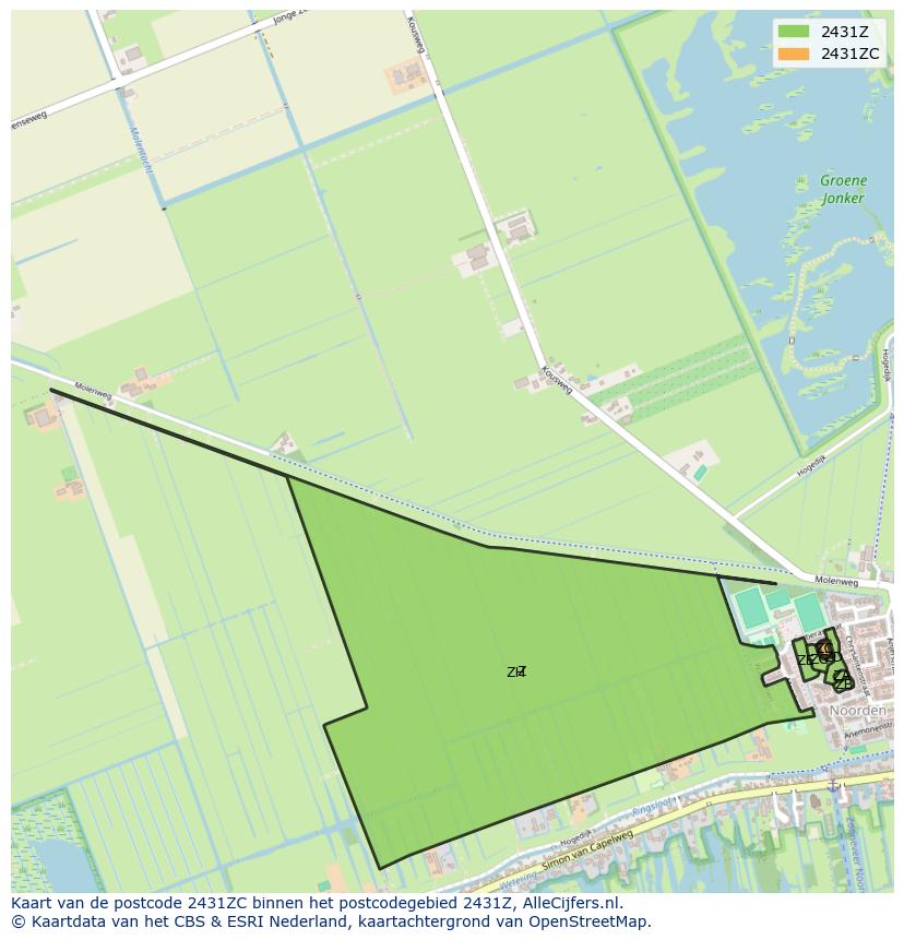 Afbeelding van het postcodegebied 2431 ZC op de kaart.