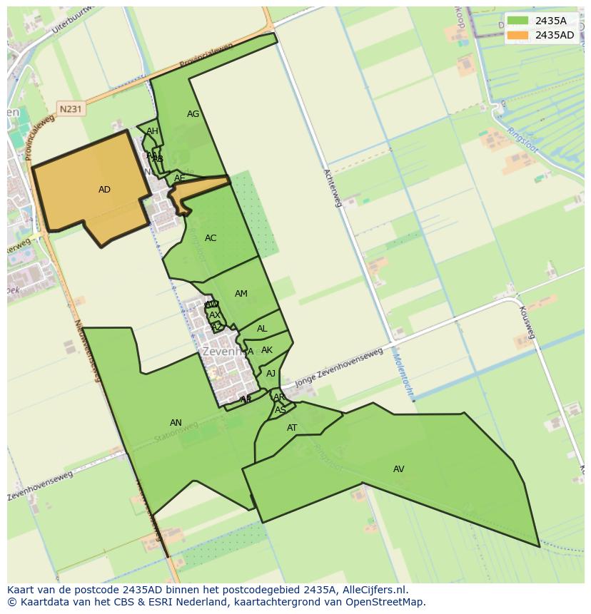 Afbeelding van het postcodegebied 2435 AD op de kaart.