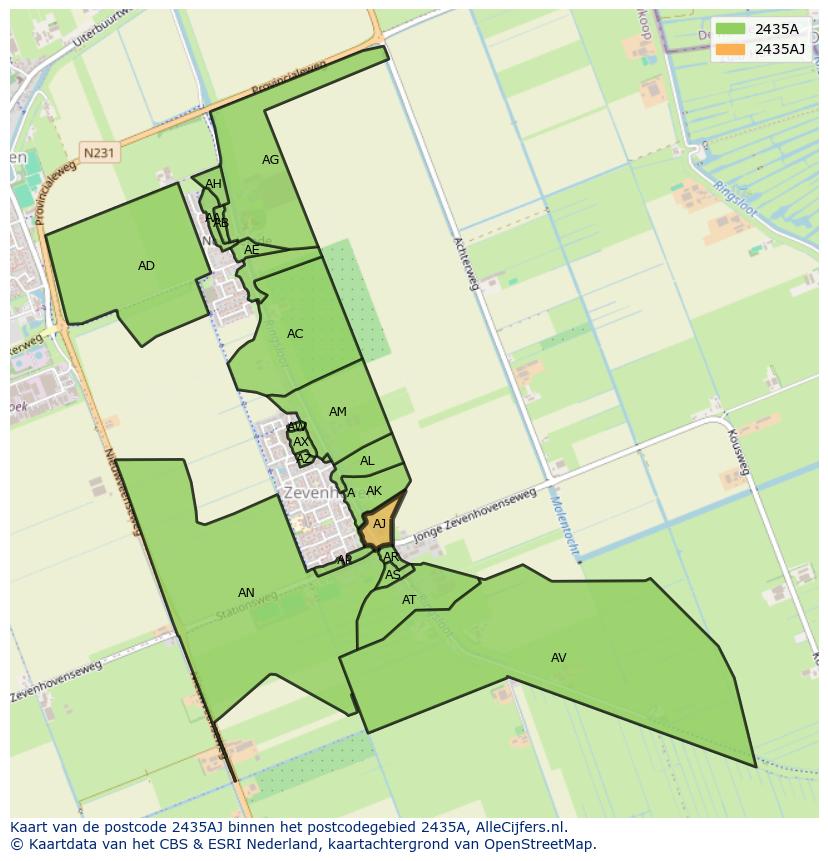 Afbeelding van het postcodegebied 2435 AJ op de kaart.