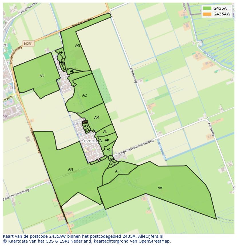 Afbeelding van het postcodegebied 2435 AW op de kaart.