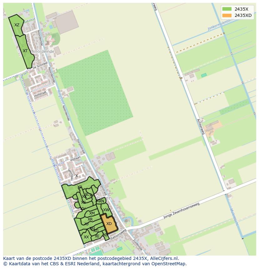 Afbeelding van het postcodegebied 2435 XD op de kaart.