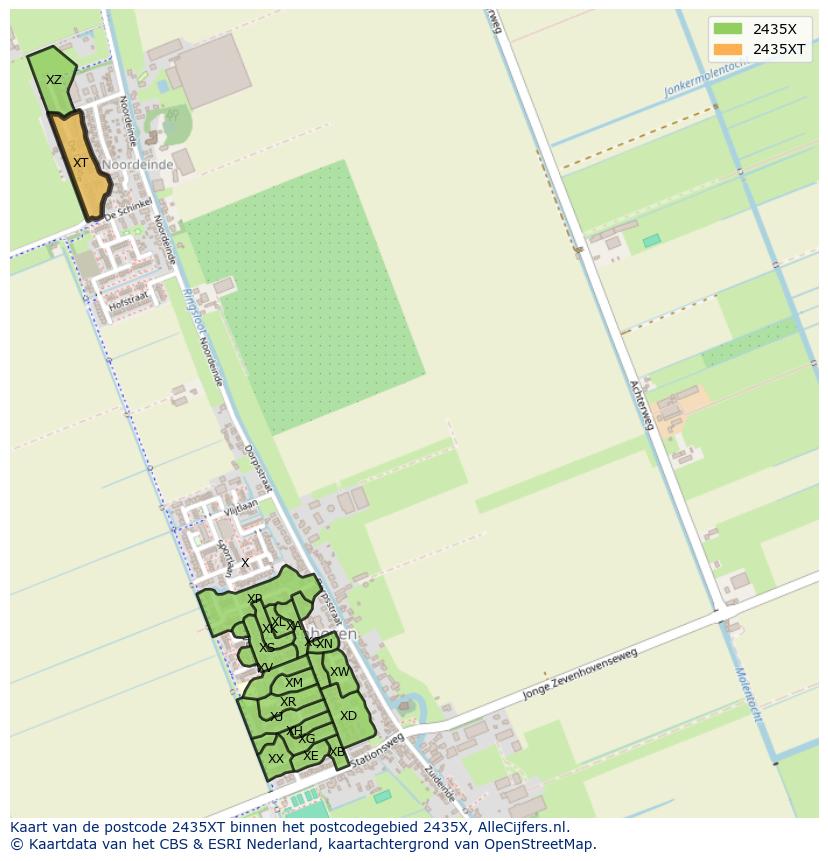 Afbeelding van het postcodegebied 2435 XT op de kaart.