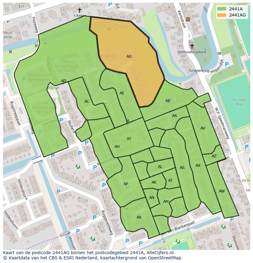 Afbeelding van het postcodegebied 2441 AG op de kaart.