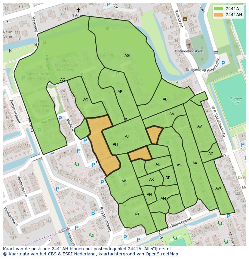 Afbeelding van het postcodegebied 2441 AH op de kaart.