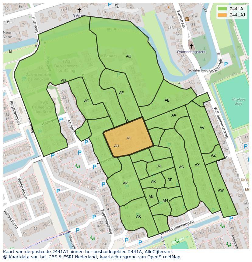 Afbeelding van het postcodegebied 2441 AJ op de kaart.