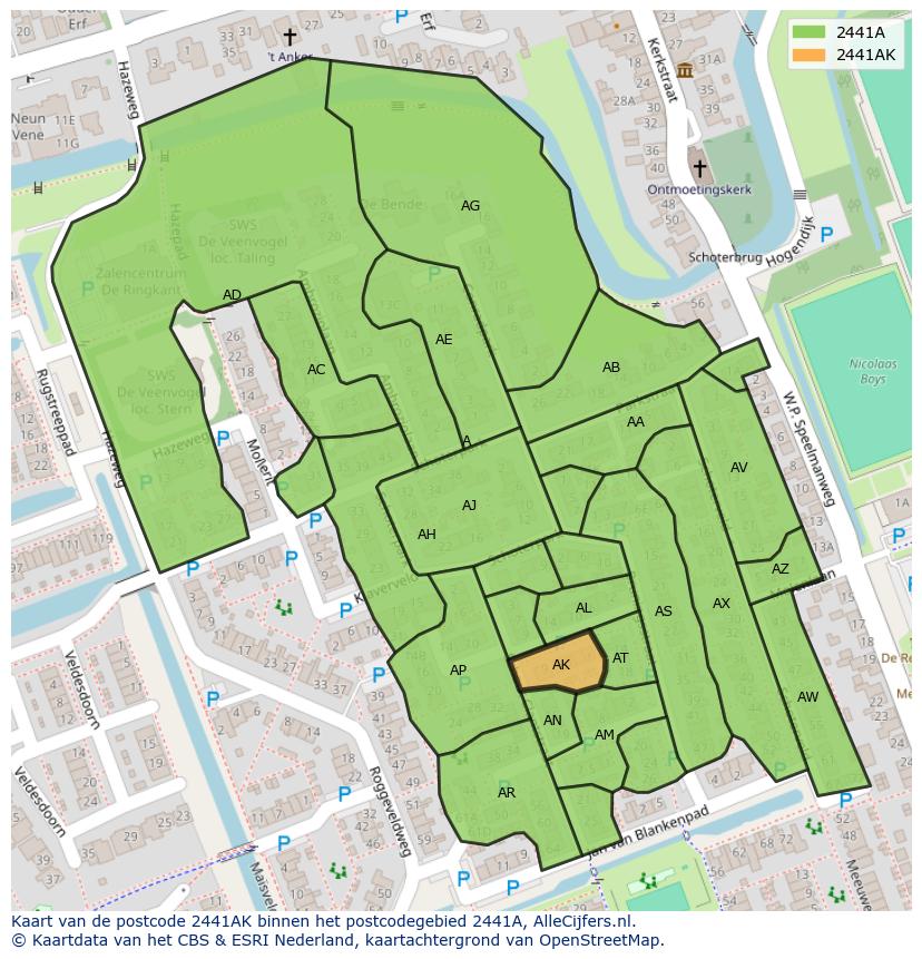Afbeelding van het postcodegebied 2441 AK op de kaart.