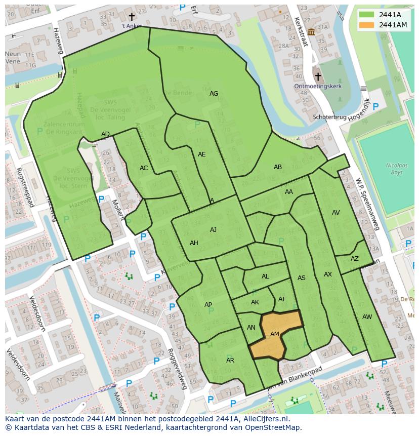 Afbeelding van het postcodegebied 2441 AM op de kaart.