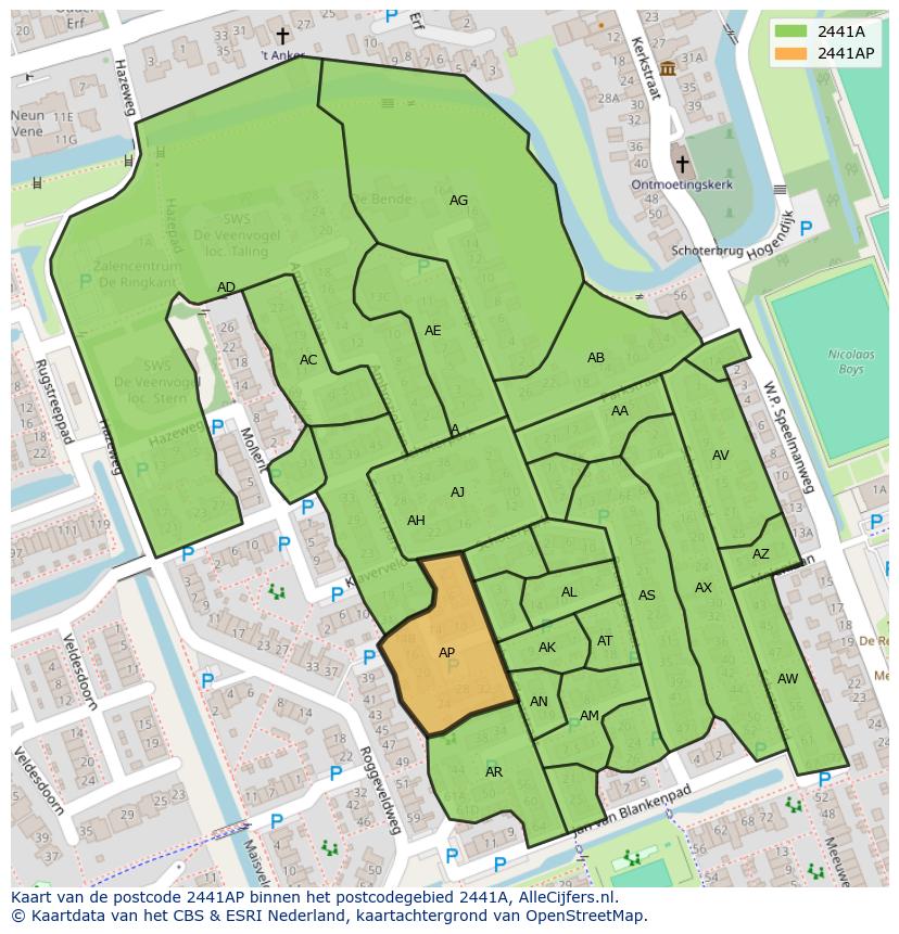 Afbeelding van het postcodegebied 2441 AP op de kaart.
