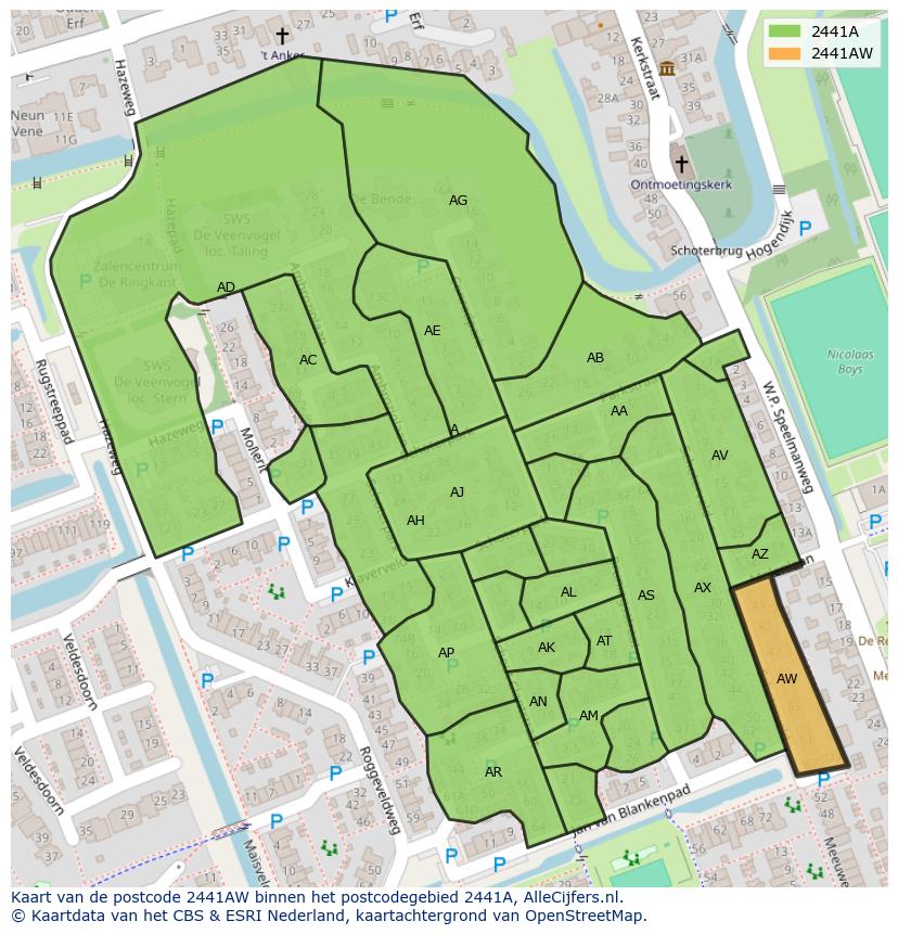 Afbeelding van het postcodegebied 2441 AW op de kaart.