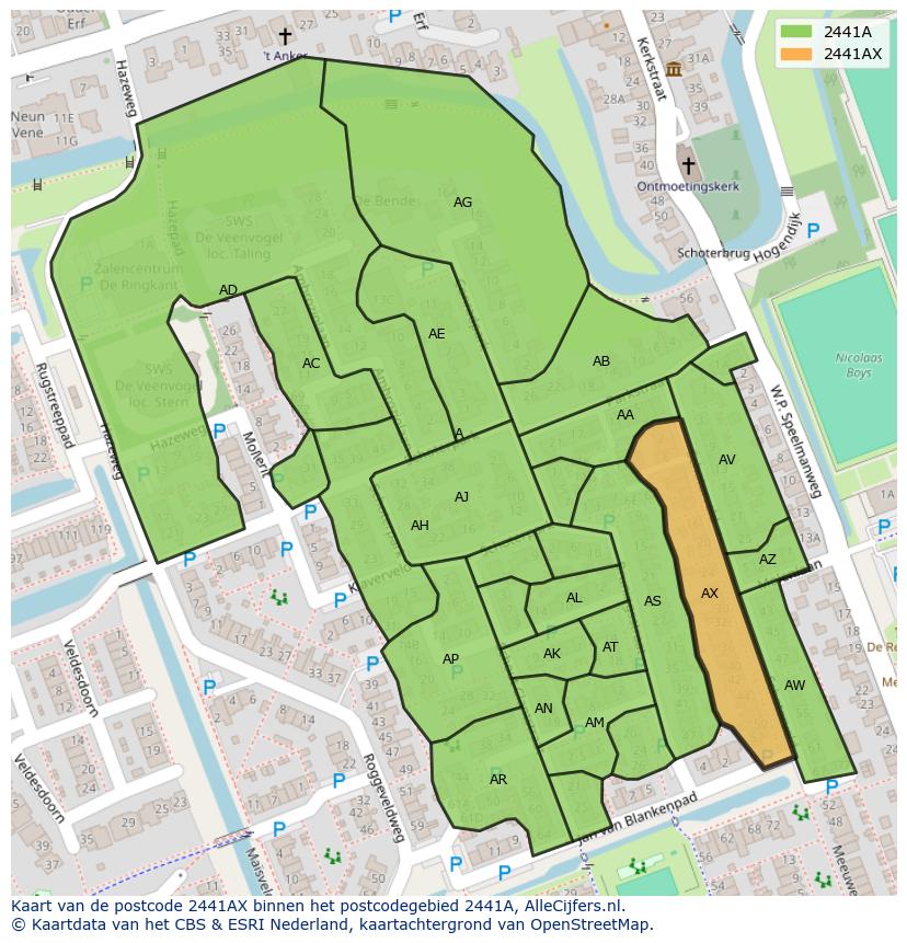 Afbeelding van het postcodegebied 2441 AX op de kaart.