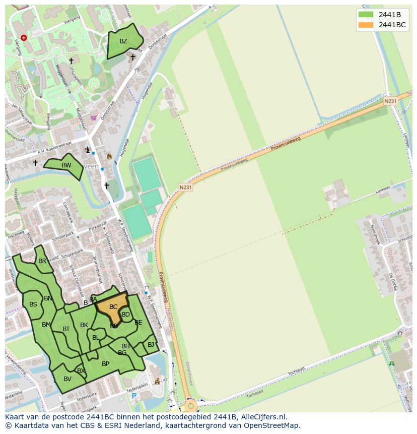 Afbeelding van het postcodegebied 2441 BC op de kaart.