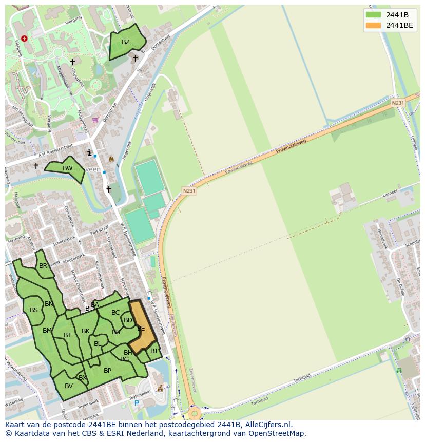 Afbeelding van het postcodegebied 2441 BE op de kaart.