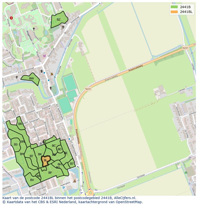 Afbeelding van het postcodegebied 2441 BL op de kaart.