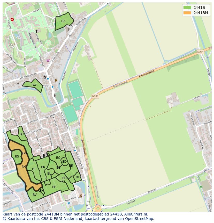 Afbeelding van het postcodegebied 2441 BM op de kaart.