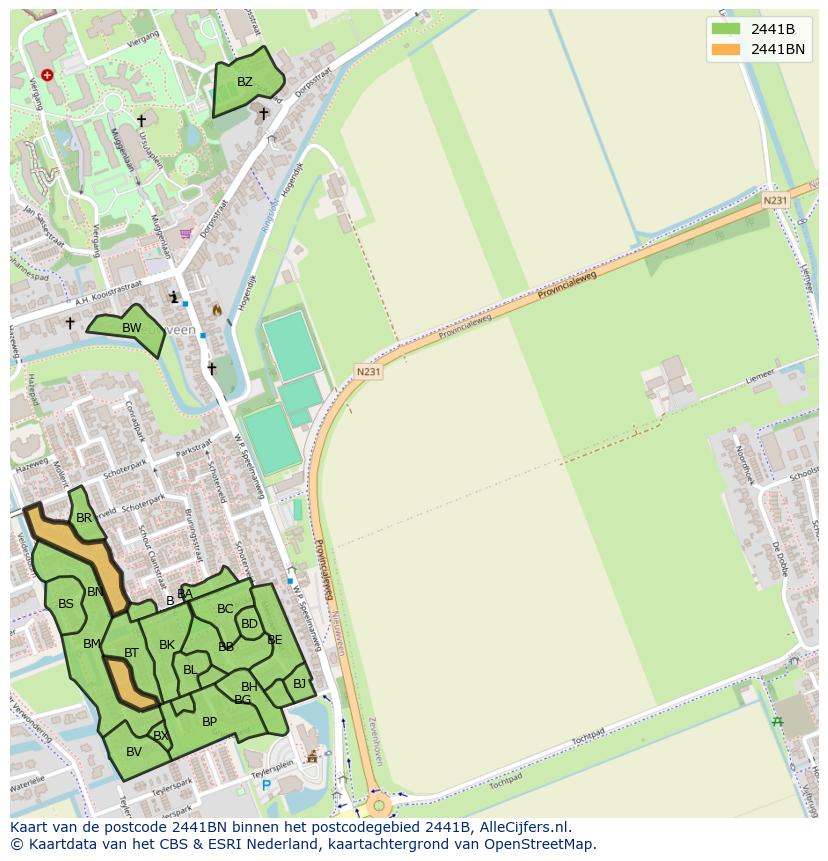 Afbeelding van het postcodegebied 2441 BN op de kaart.