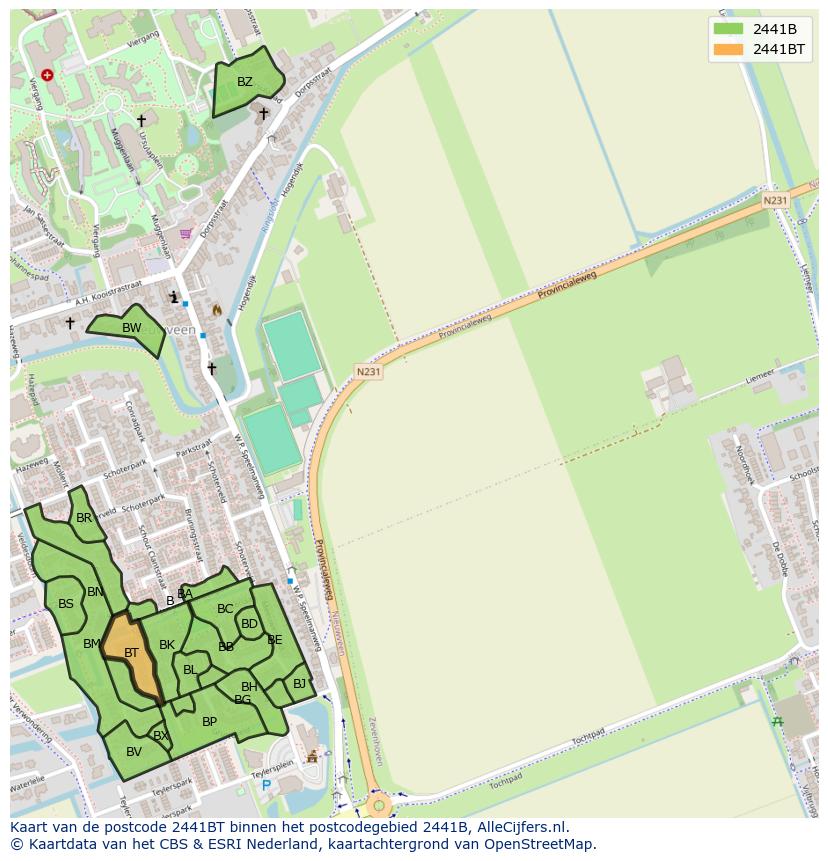 Afbeelding van het postcodegebied 2441 BT op de kaart.