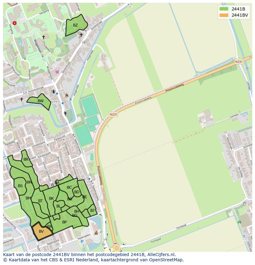 Afbeelding van het postcodegebied 2441 BV op de kaart.