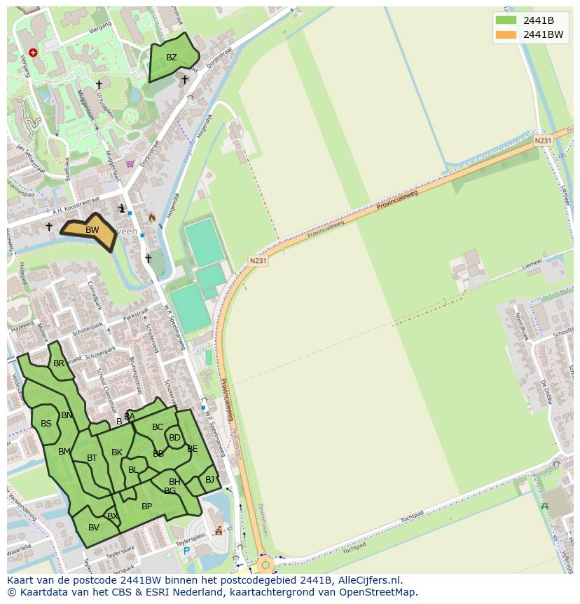 Afbeelding van het postcodegebied 2441 BW op de kaart.