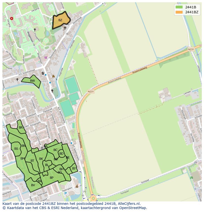 Afbeelding van het postcodegebied 2441 BZ op de kaart.